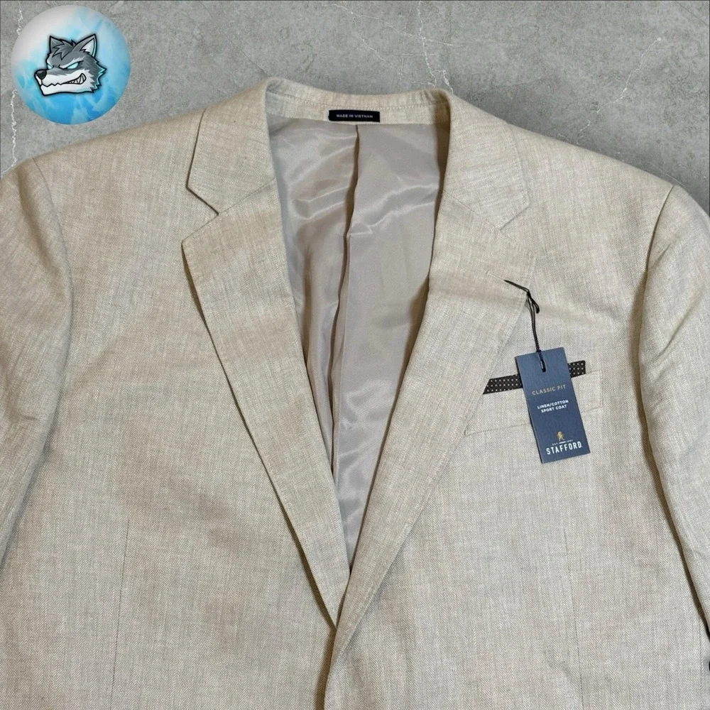 New Stafford Classic Fit Linen Cotton Sand Herringbone Sport Coat Blazer 48L